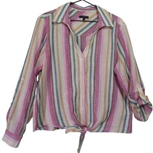 Drew Striped Tie Front Shirt Womens Large Multi-Color Linen Blend Good Condition